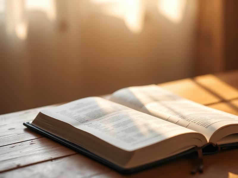 Open Bible on a wooden table with warm morning light