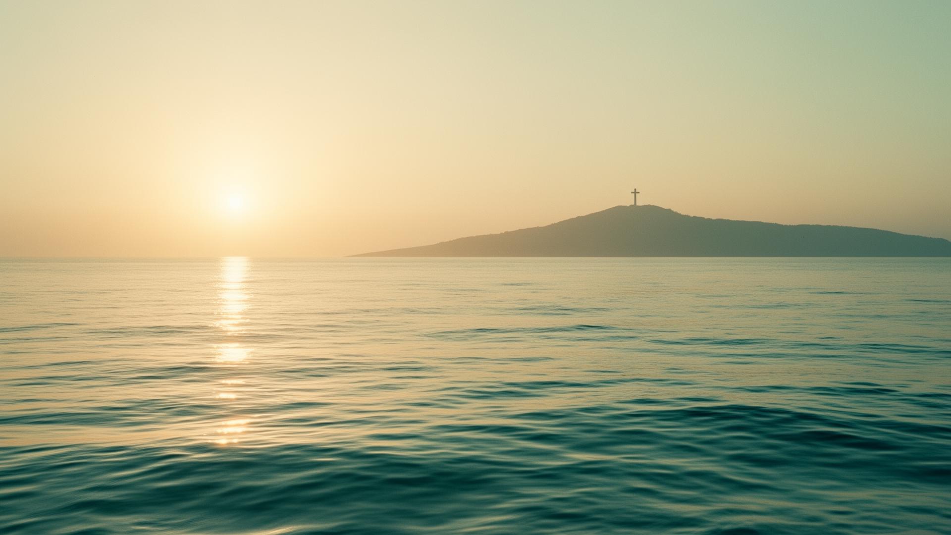 Serene sunrise over calm water with a cross silhouette